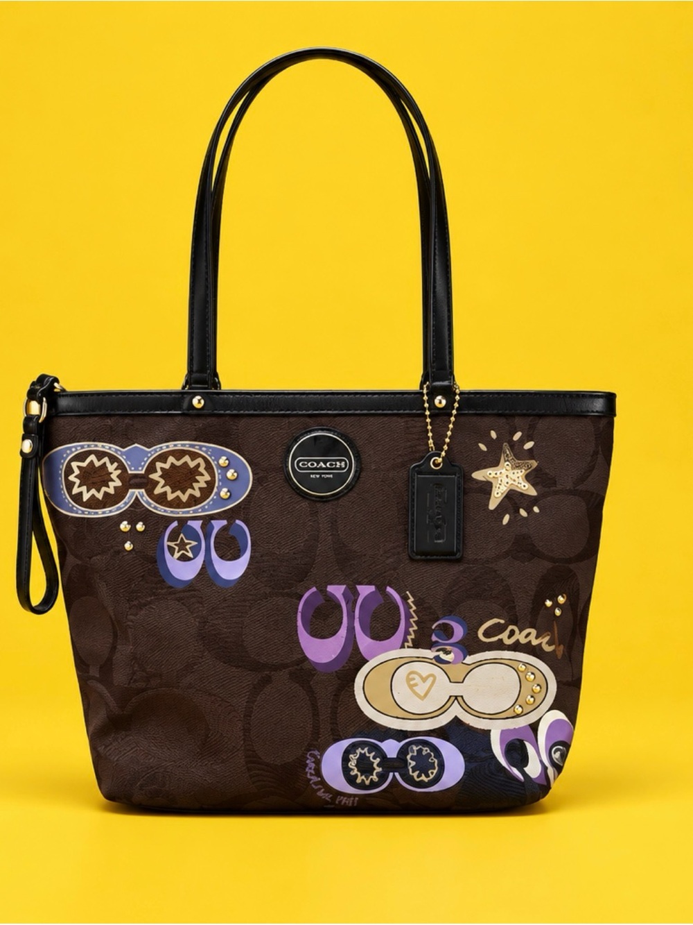 Coach Brown Tote with Purple and Cream Graphic Accents